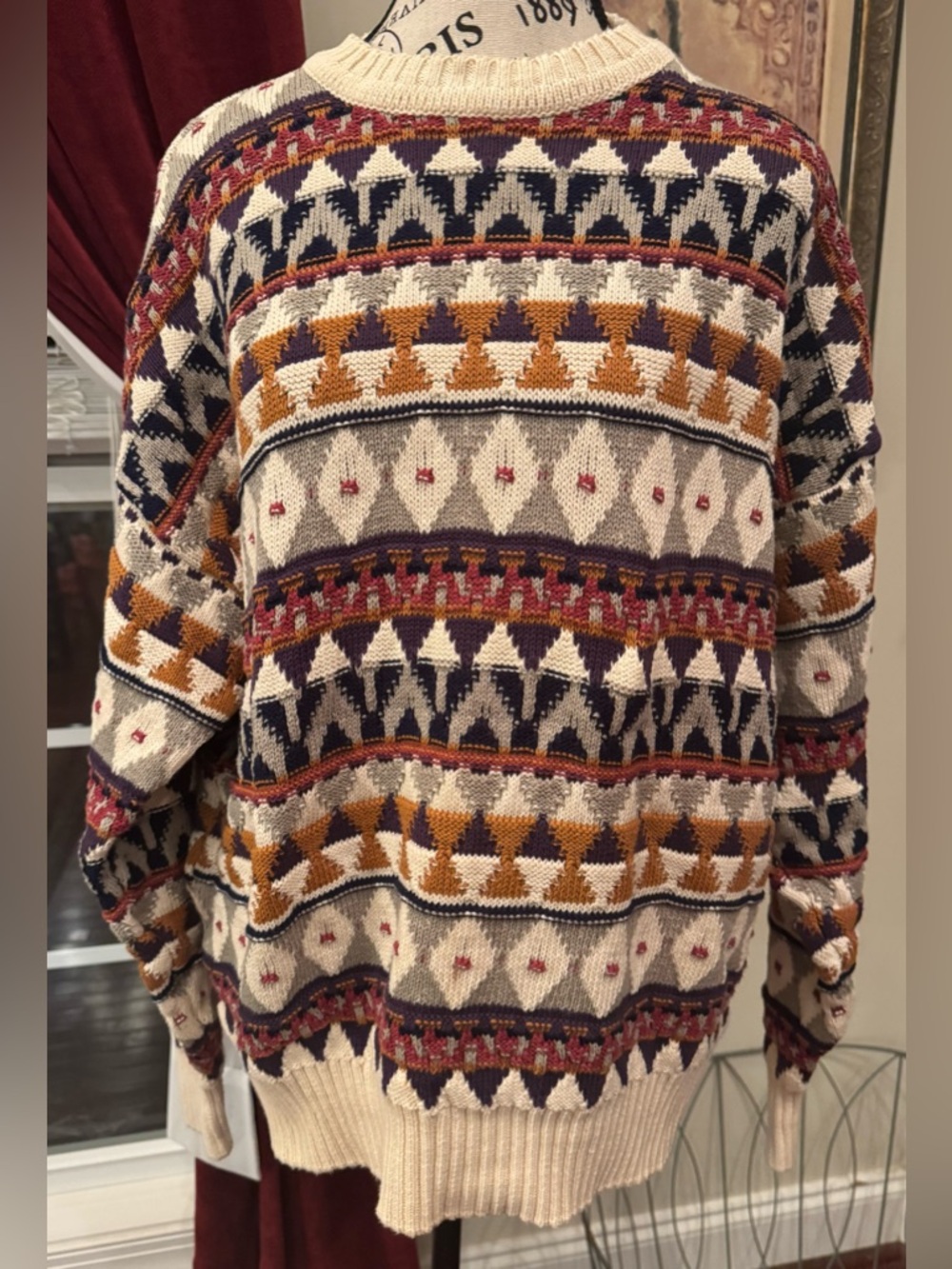 Vintage Preswick & Moore Fair Isle Geometric Sweater Gray Brown Burgundy Large
